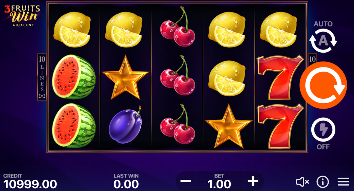 3 Fruits Wins: 10 Lines Adjascent Slot